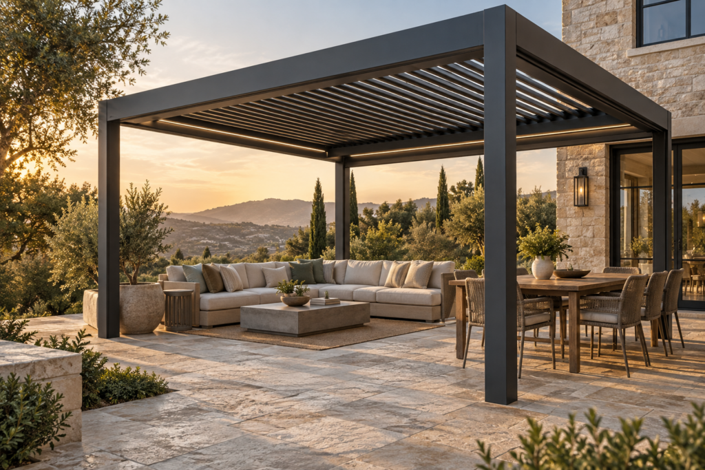 Modern aluminum pergola with a louvered roof over an outdoor living area